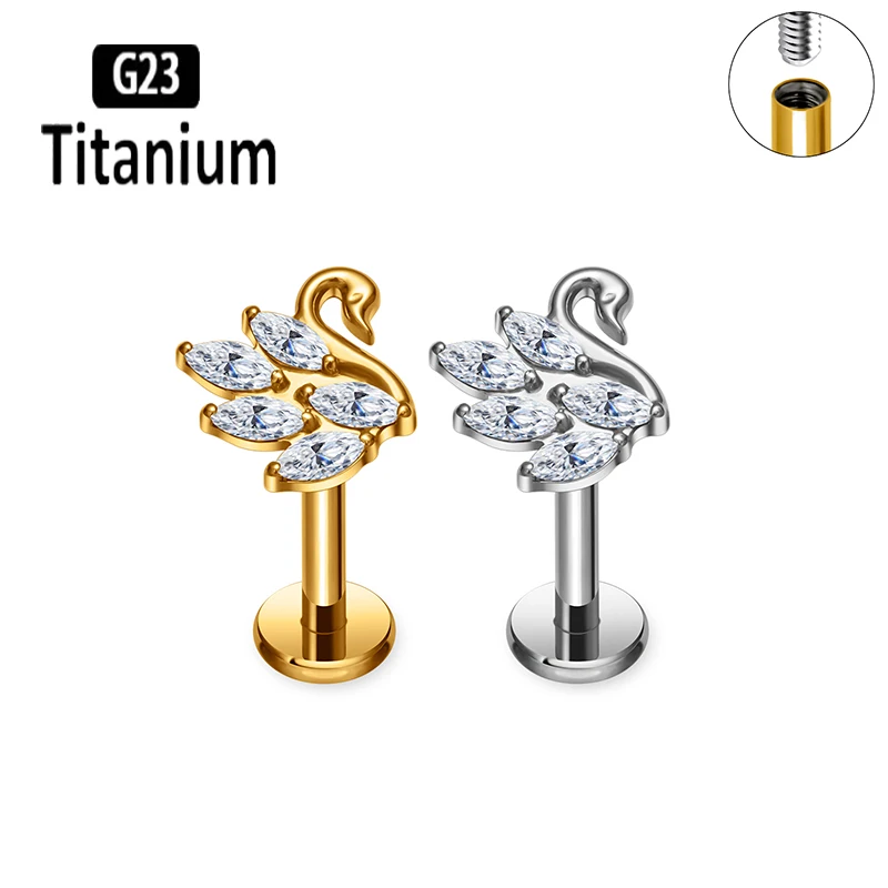 

ASTM F136 Titanium Piercing Internally Thread Swan CZ Labret Ear Cartilage Tragus Helix Earrings Lip Stud Rings Body Jewelry G23