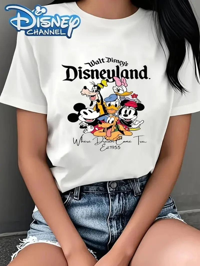

2025 Disney Pattern Printed Women's Casual Comfortable Unique Smiling Face Black Round Neck Short Sleeve T-shirt