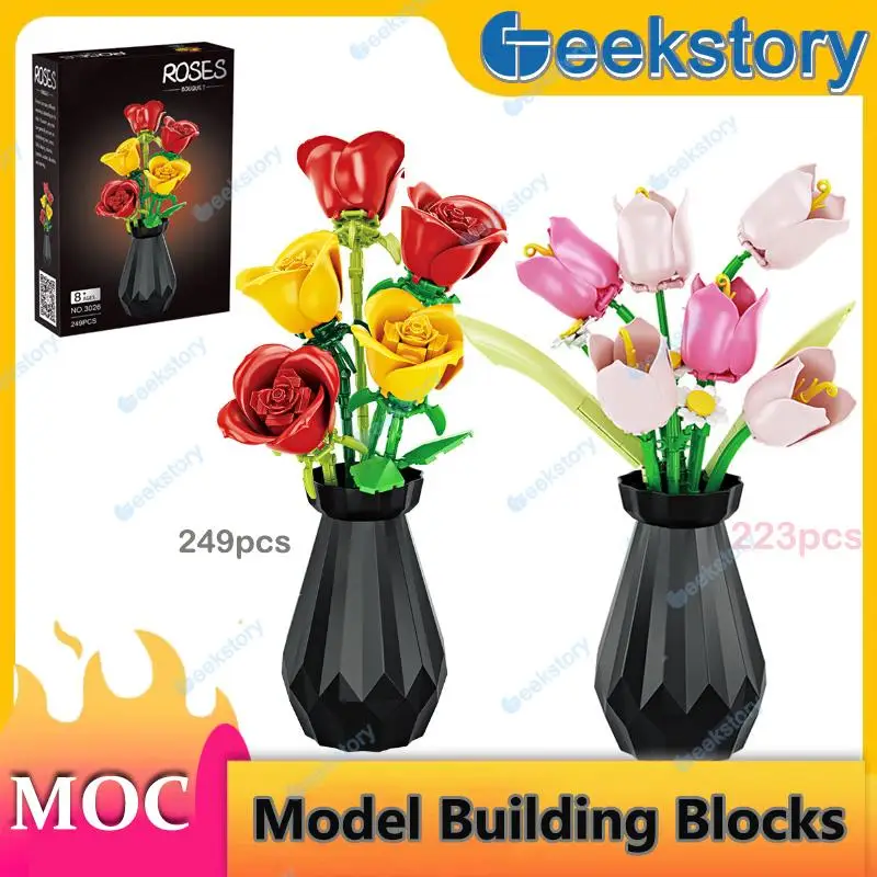 

Vase Rose/Tulips Flower Model Building Blocks Set Home Decoration 3D Bouquet Assembly DIY Bricks Kids Toys Adult For Girls Gifts