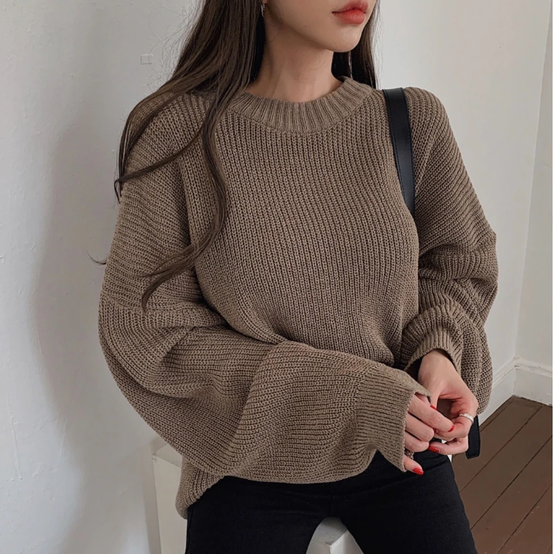 OCEANLOVE Solid Basics Women Sweaters Autumn Winter Korean Fashion Simple Pull Femme Loose Casual Vintage O Neck Sueter Mujer