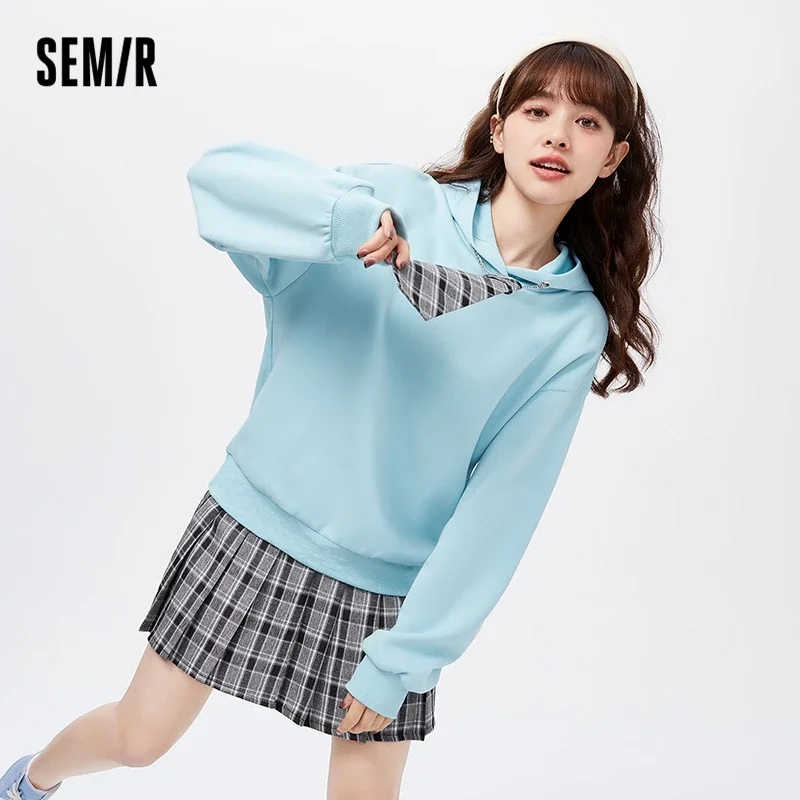 

Semir Suit Women Hooded Sweater Plaid Pleated Skirt 2022 Spring And Autumn New Loose And Gentle Two-Piece Preppy Style