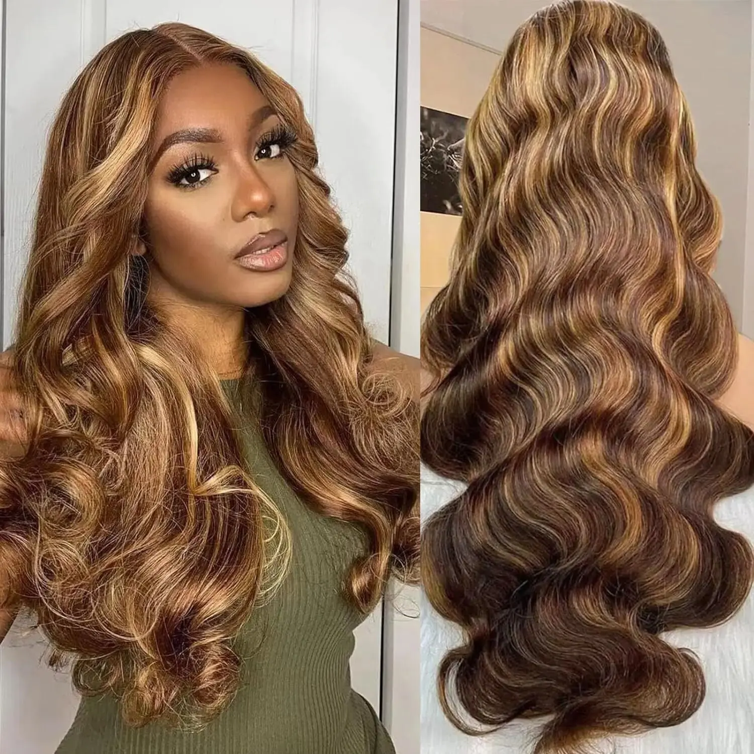 36 Inches 200% Density 13x6 13x4 HD Transparent Lace Frontal Wig Piano Color Highlight Human Hair Wigs P4/27 Body Wave Pre Plucked Brazilian Hair For Women