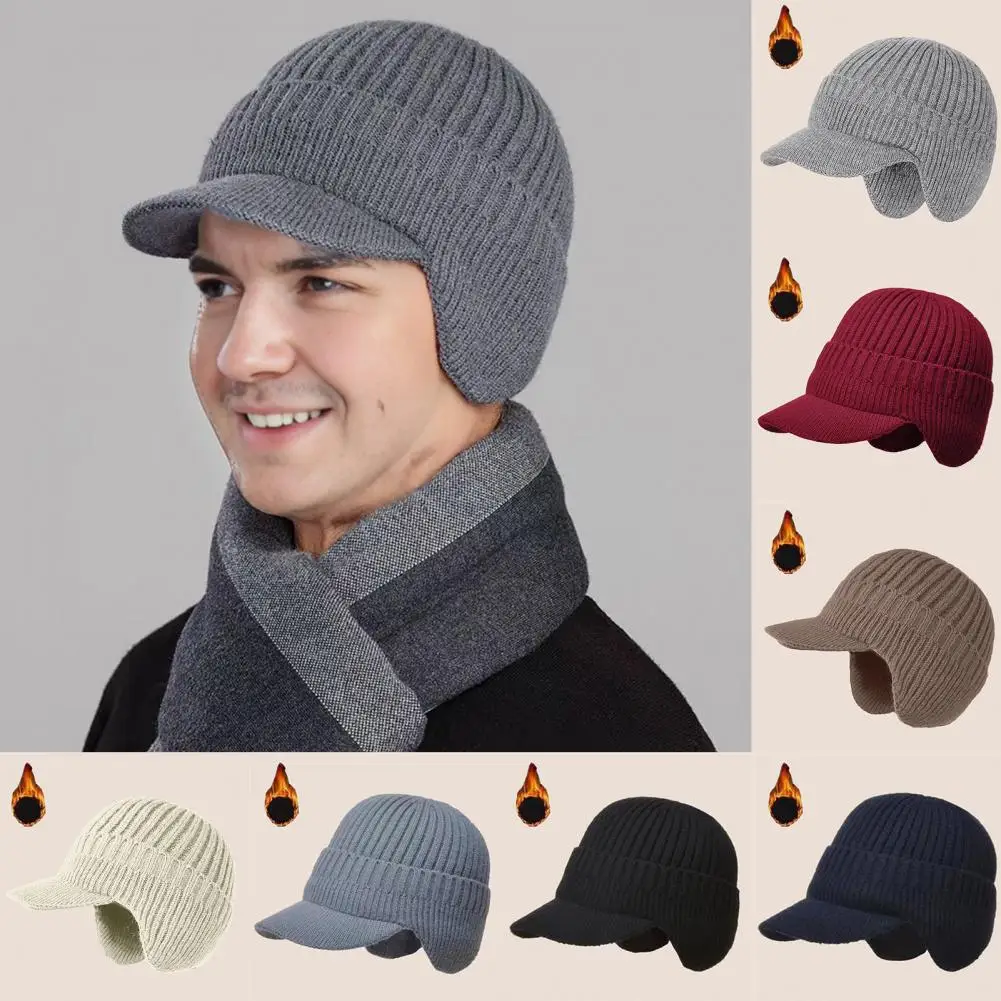 Multiple Color Options Hat Men's Extended Brim Knitted Hat with Ear Protection Plush Lining Solid Color Winter Warmth for Cold
