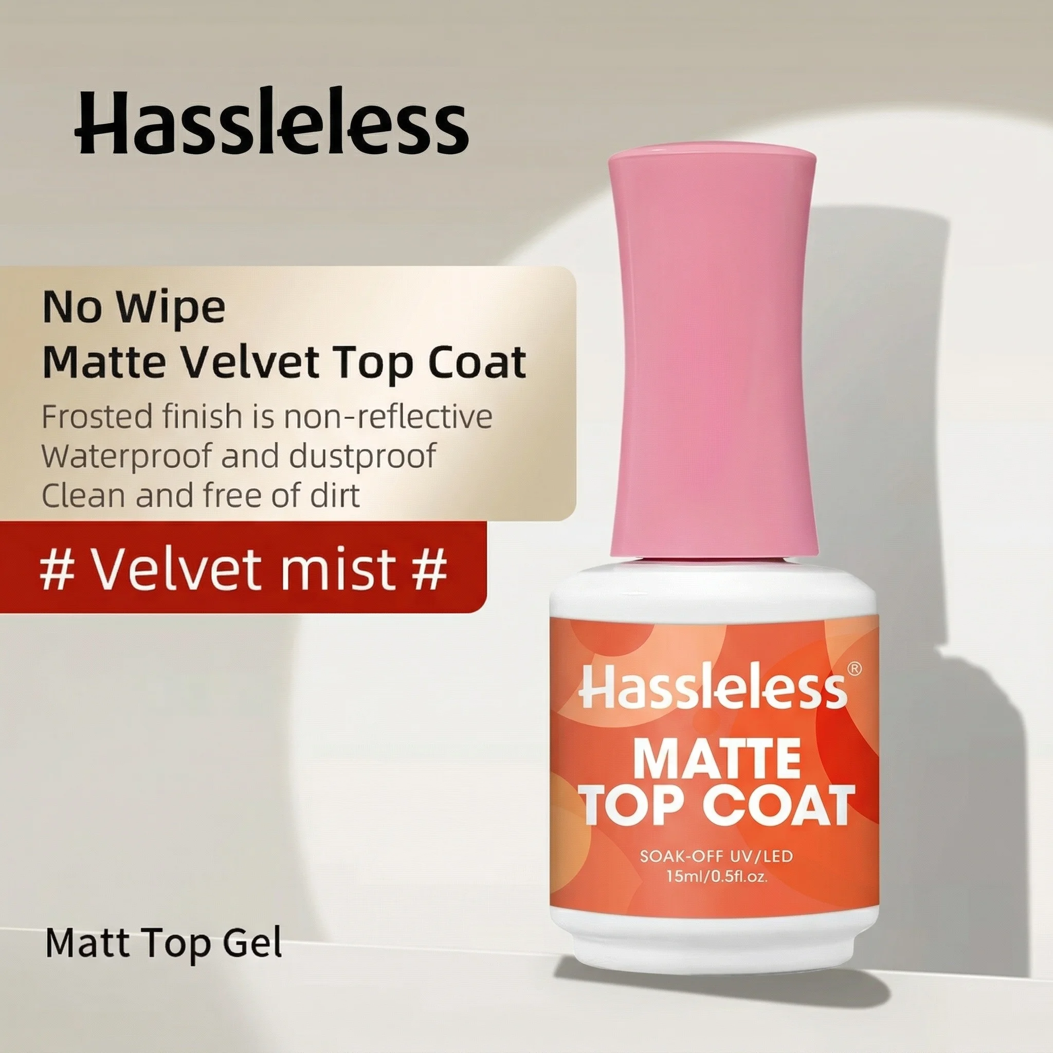 Hassleless 15ml Velvet Matte Top Coat — UV Gel Polish (Soak-Off) — Create a Premium, High-End Nail Finish — Professional Nail La image 2