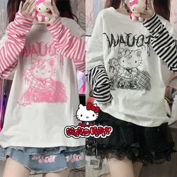 Sanrio Hello Kitty Long Sleeved T Shirt Y2K Kawaii Girl Heart Fake Two Piece Long Sleeved Sweet Cool Girl Costume Besties Gift