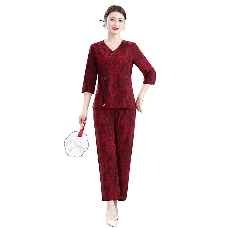 

Mom's Summer Outfit New Chinese Style Vintage Middle-Aged And Elderly Women's Loose Fit Casual 2-Piece Set