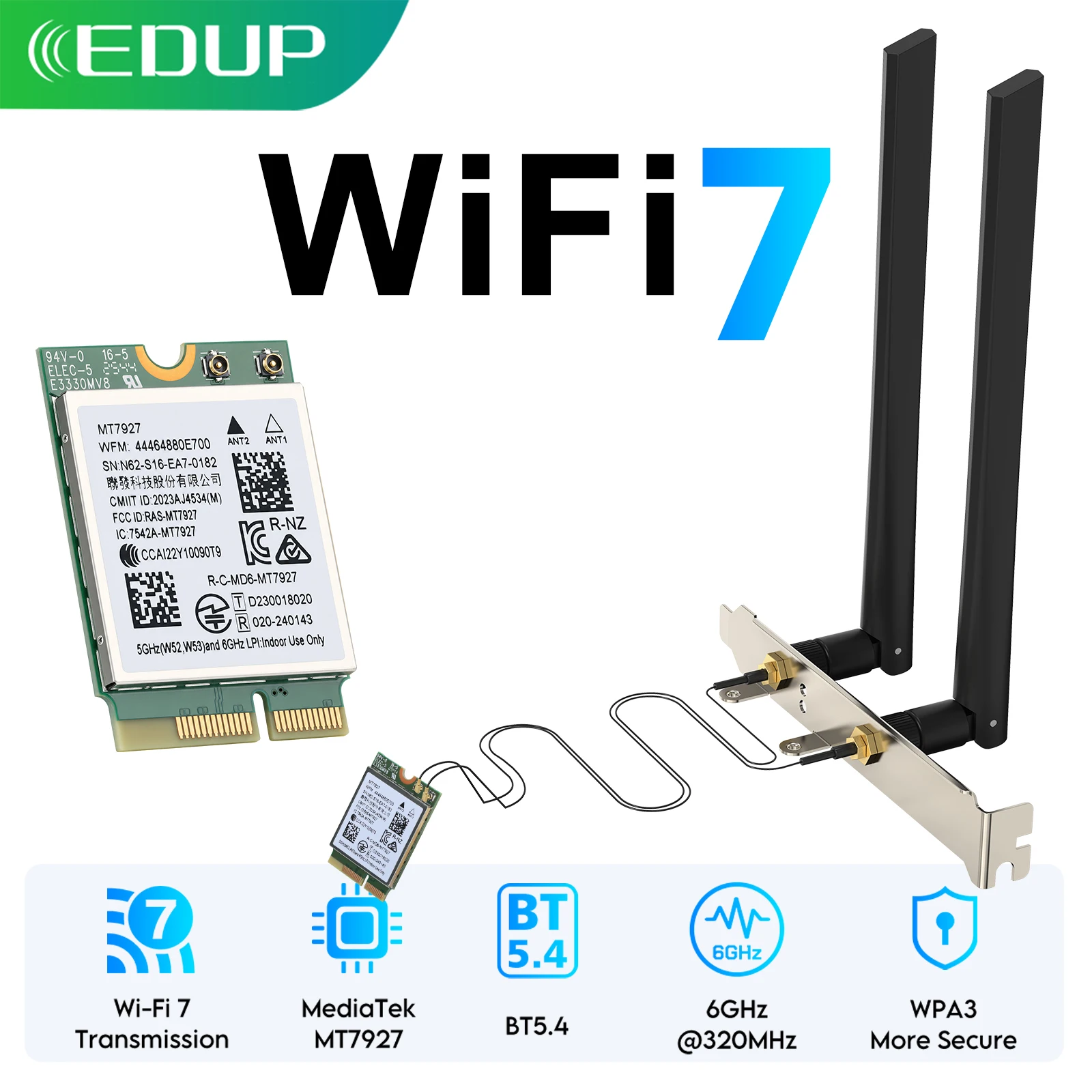 EDUP MT7927-Pro WiFi 7 PCIe Adapter Tri-Band 2.4G 5G 6GHz 9334Mbps MLO 6dBi Antennas BT5.4 WPA3 for Win11 Linux Desktop PC