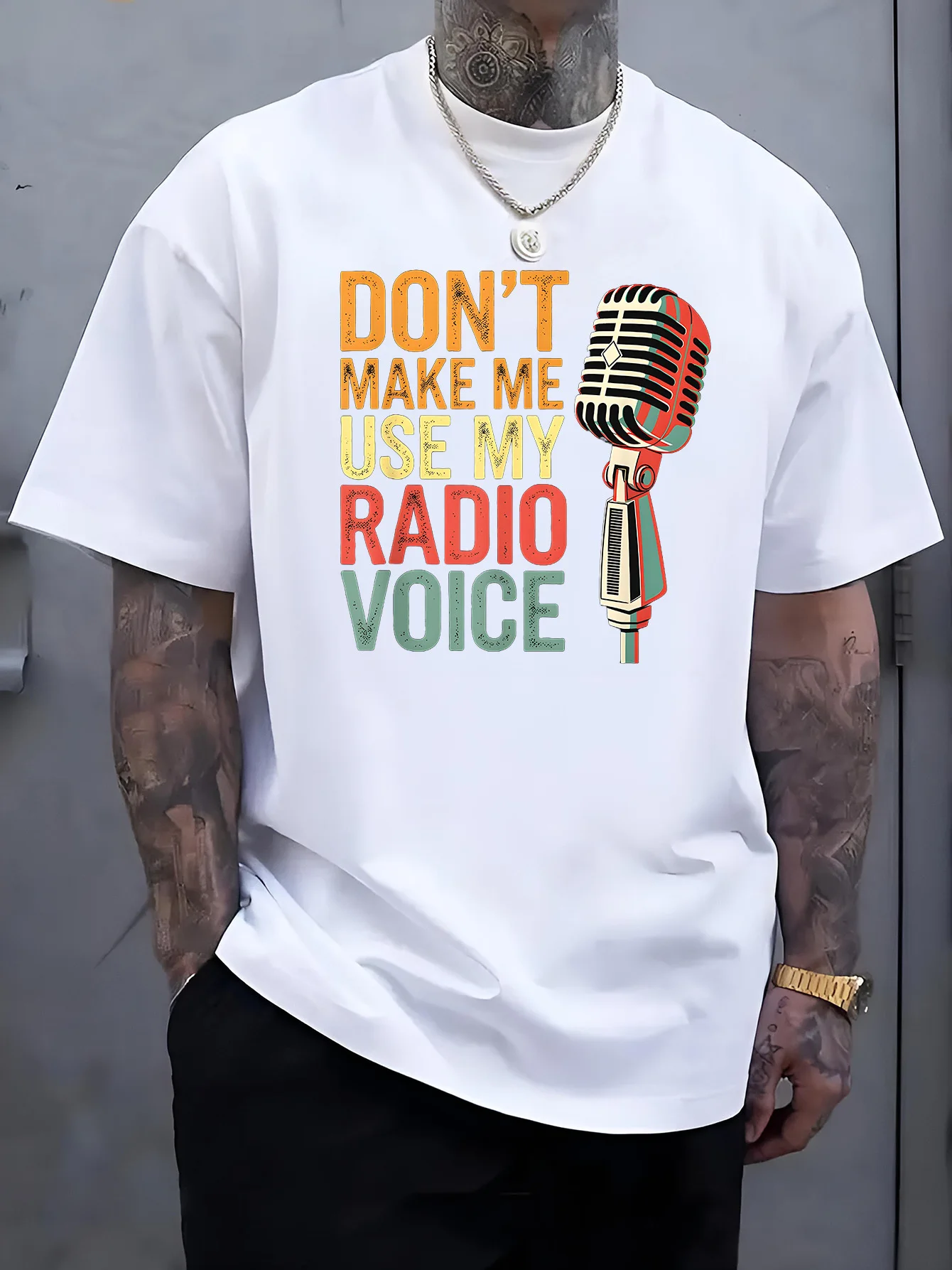 Male Black Round Neck T Shirt Distressed Multicolor Letter Quote Classic Mic Print Radio Host Announcer Light Cotton Tees