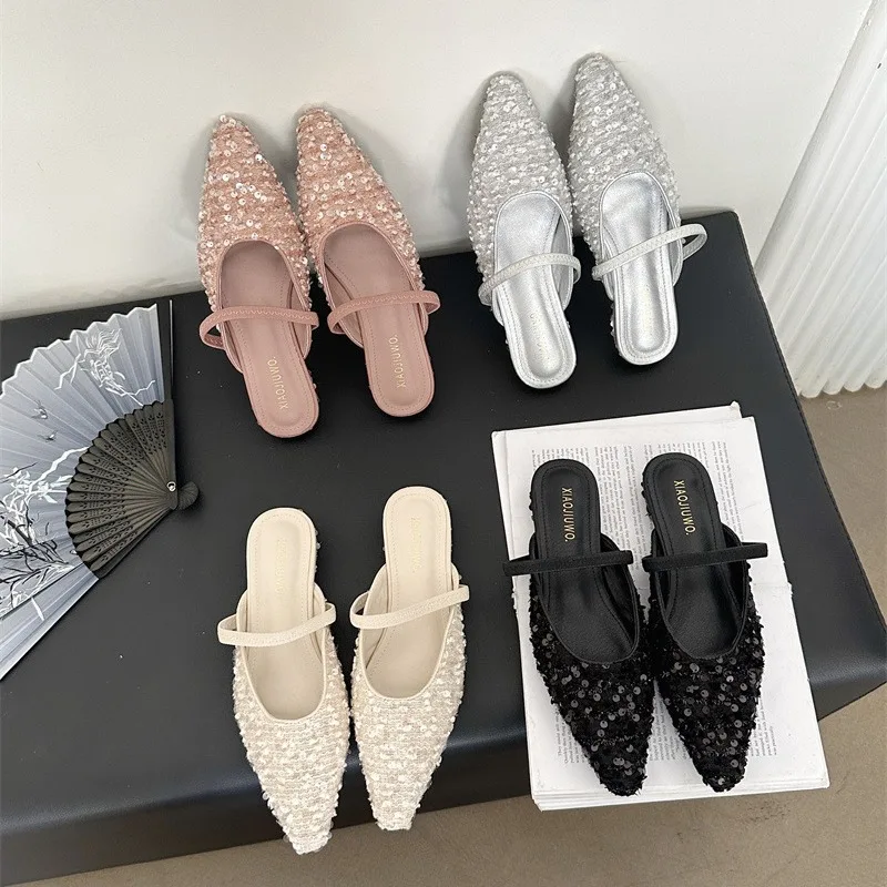 Low Sandals Woman Leather Shoes Closed Toe Suit Female Beige Bling Bling Summer Heels Low-heeled Comfort Pointed Black Flat Fash