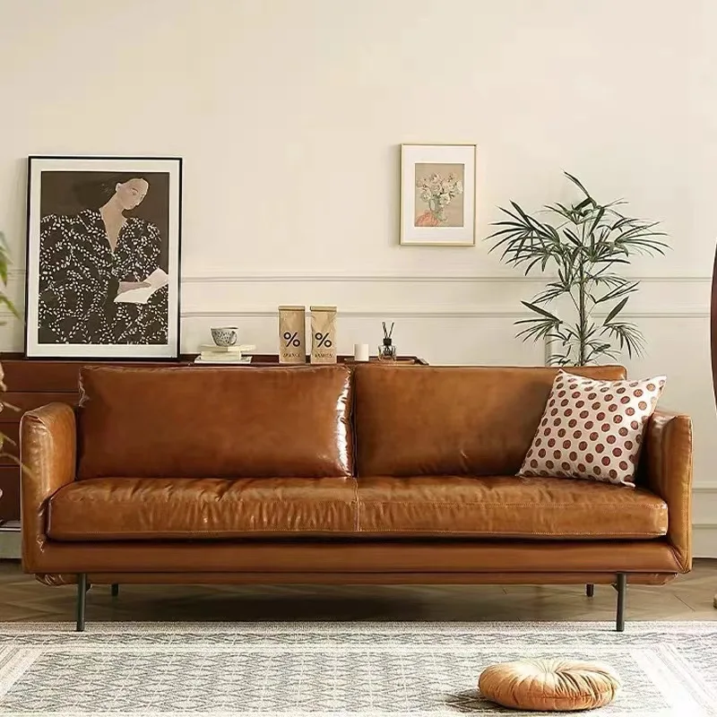

French retro oil wax leather sofa living room simple straight row double triple caramel brown small apartment sofa