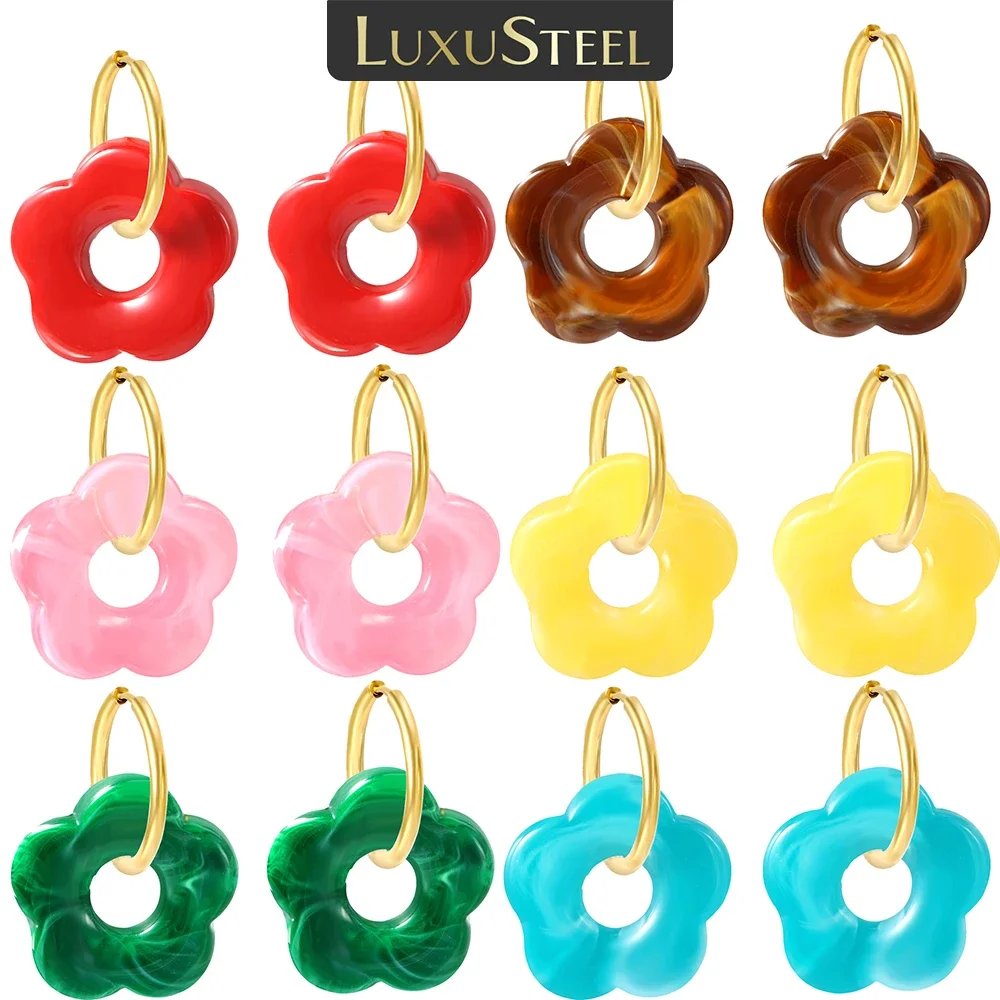LUXUSTEEL 2pc/1pair Flower style Earring Colorful Stud Earrings Golden Stainless Steel Women\'s Earrings Jewelry Accessories