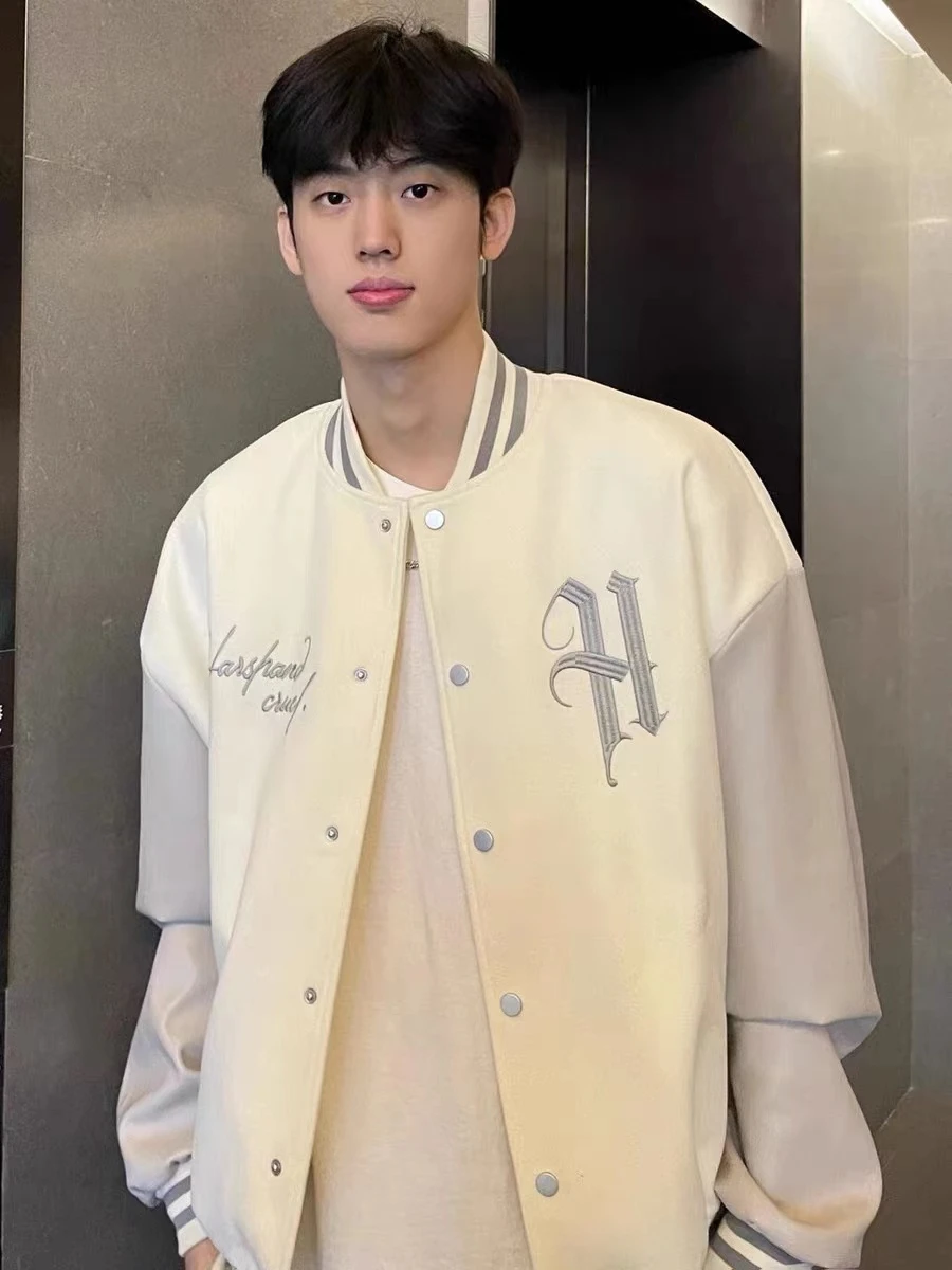 

Retro American Patchwork Embroidered Letter Baseball Jaet Men's Women's Spring Autumn Couple's Open Cardigan Jaet