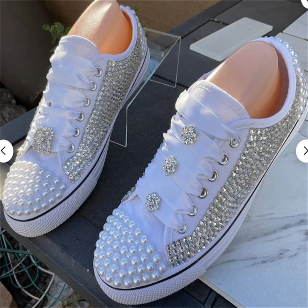 

White low-top pearl rhinestones accessories ribbon custom style canvas shoes integrated sports casual shoes women's shoes 35-46