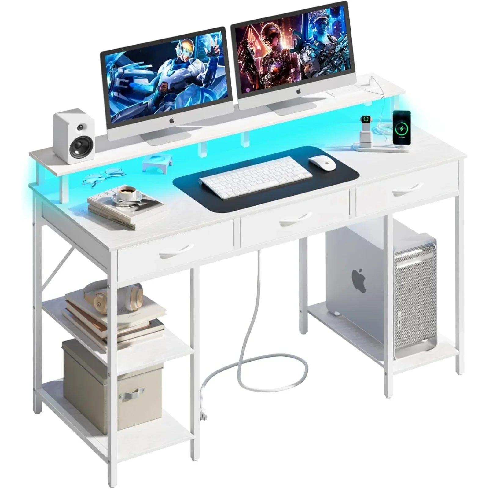 US Computer Desk with Drawers, Office LED Lights & Outlets Small Storage Shelves,