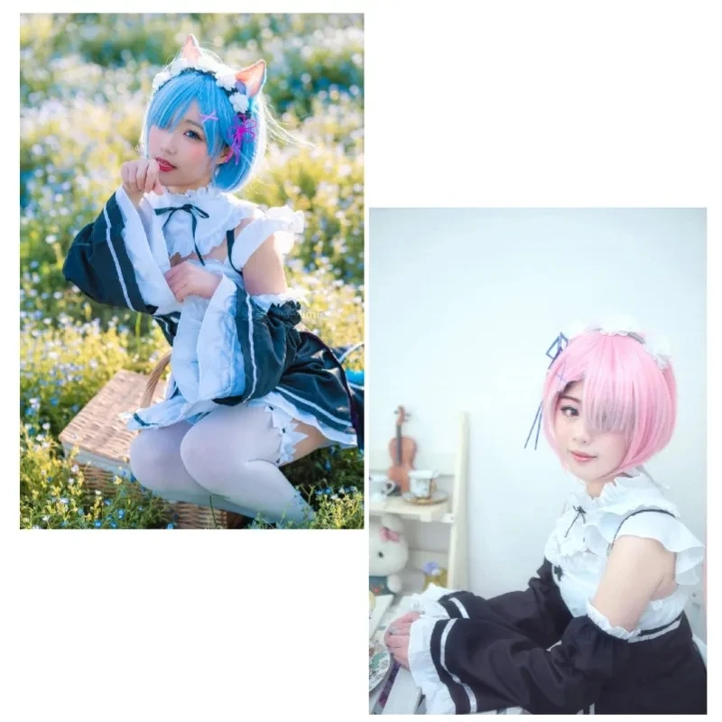 Peluca de Anime para Cosplay, vida en un mundo diferente de Zero Rem, disfraz de Halloween, fiesta, accesorios de disfraz de Ram para mujer, pelo sintético