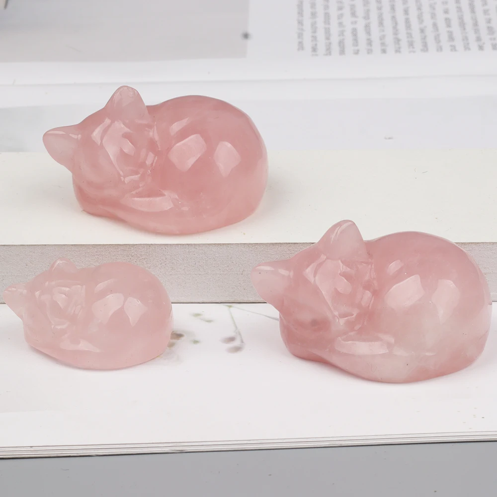 Big Rose Quartz Sleeping Cat Decoration 2.2 Inch Crystal Carved Animal Mineral Healing Souvenir Big Size Zoo Theme view 4