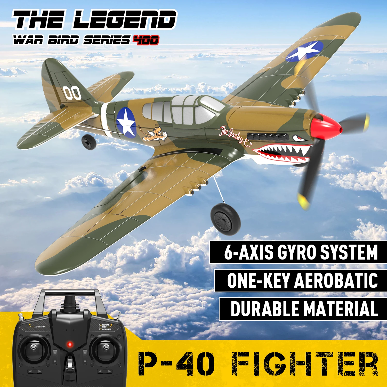 

P-40 RC Aircraft P40 Fighter 400mm Wingspan 4CH 6-Axis Gyro One-Key U-Turn Aerobatic RTF RC Airplane Outdoor Toys