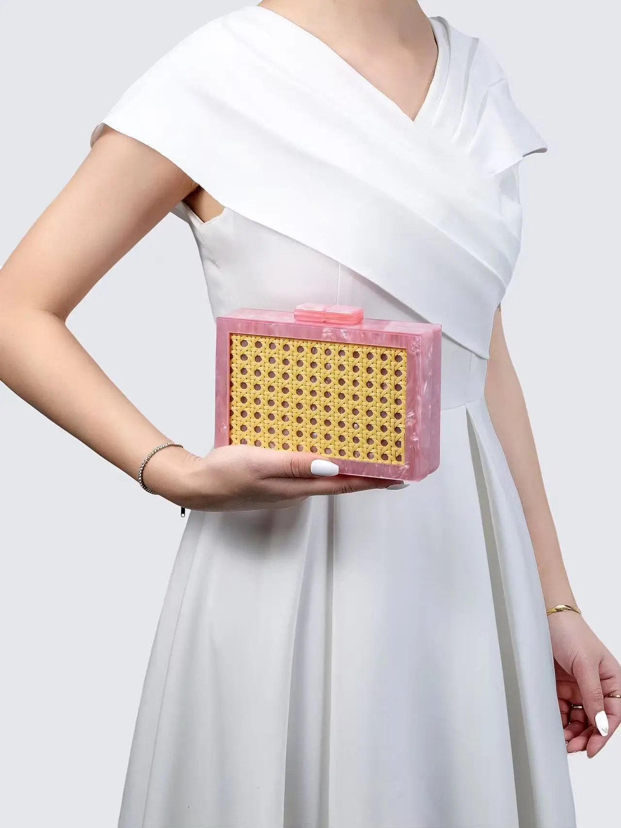 Original Neue Retro Abend-Clutch Rattan Gewebte Acryl Einzel-Schulter-Ketten-Umhängetaschen für Damen – Detail 3