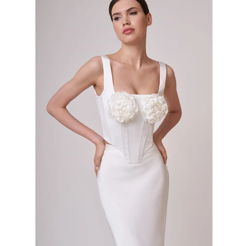 Women Summer Sexy Square Collar Backless Black White Flower Bandage Skirt Set 2023 Knitted Elegant Evening Club Party Dress