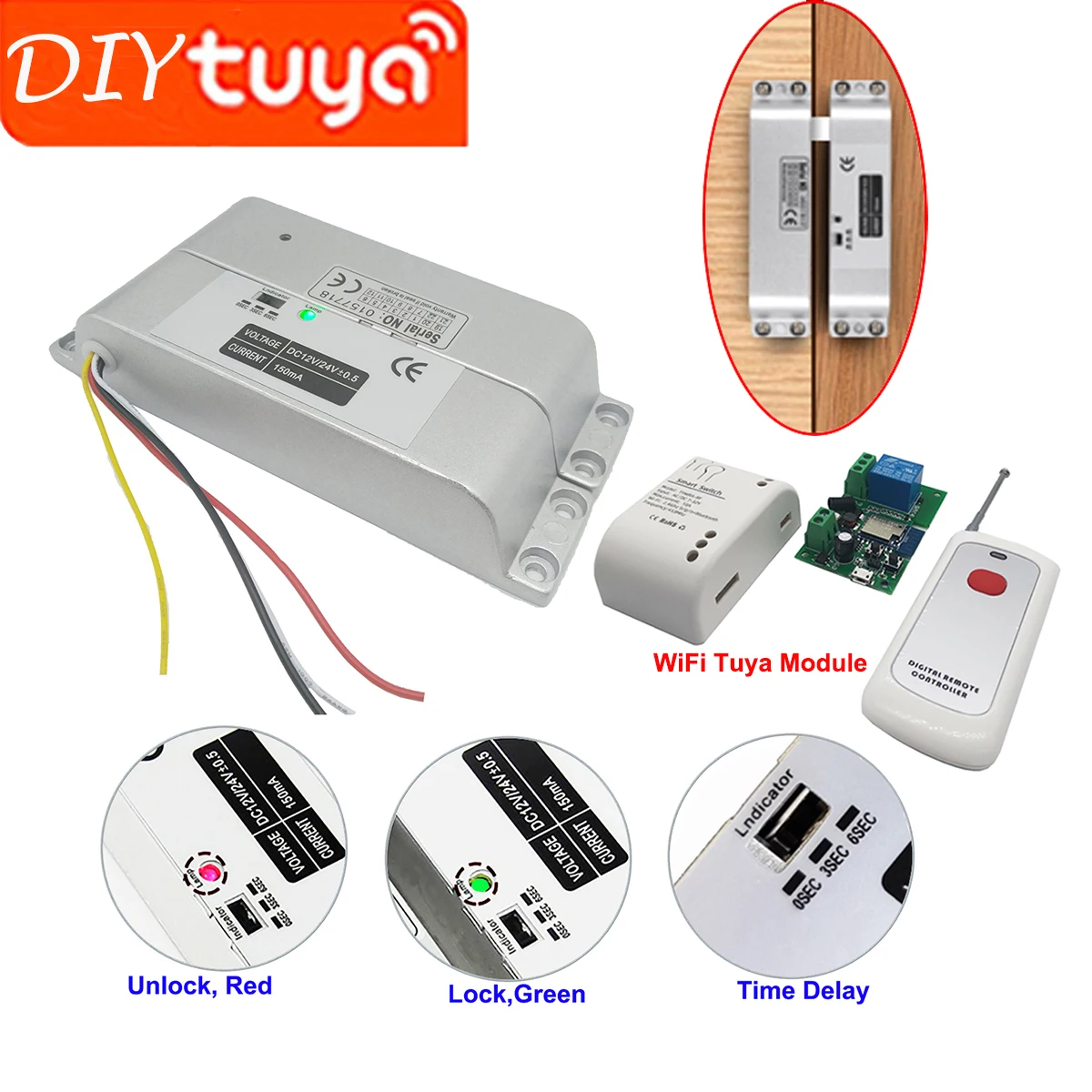 DIY Tuya DC12V Exposed Surface Installation Adjustable Time Delay Fail Safe Electric Mortise Bolt Door Lock