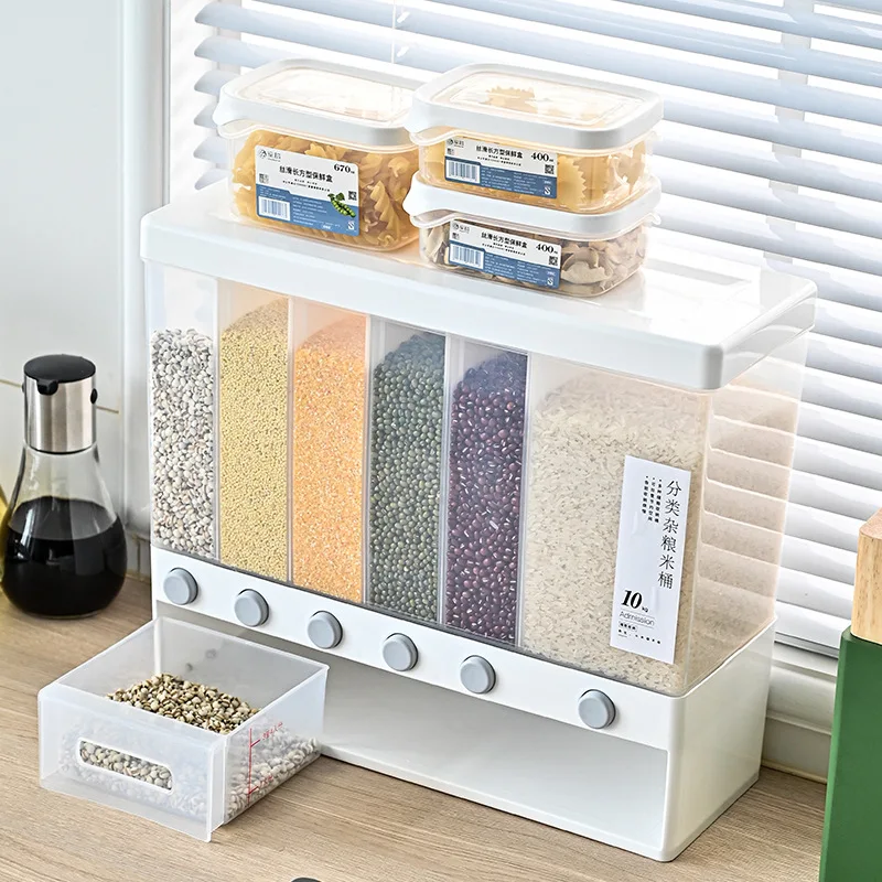 

Sealed Rice Storage Container Wall Separate Bucket Cereal Rice Dispenser Moisture Plastic Automatic Rack Sealed Food Storage Box