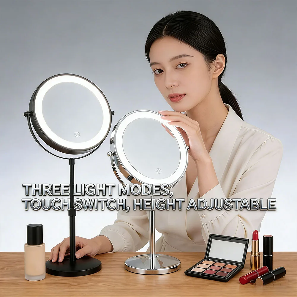 3 Color Dimmable LED Vanity 3/10X Mirror Stainless Steel Construction Freely Adjustable Height Elegant Makeup Mirror for Bedroom