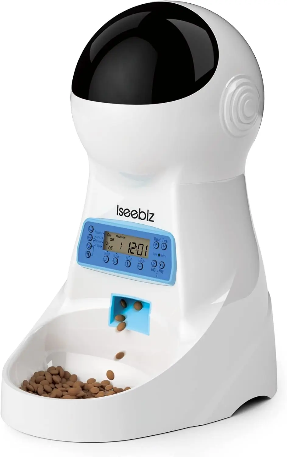 

3Ltimed cat feeder with controllable portion, dual power supply, and 10 second recorder for small and medium-sized cats and dogs