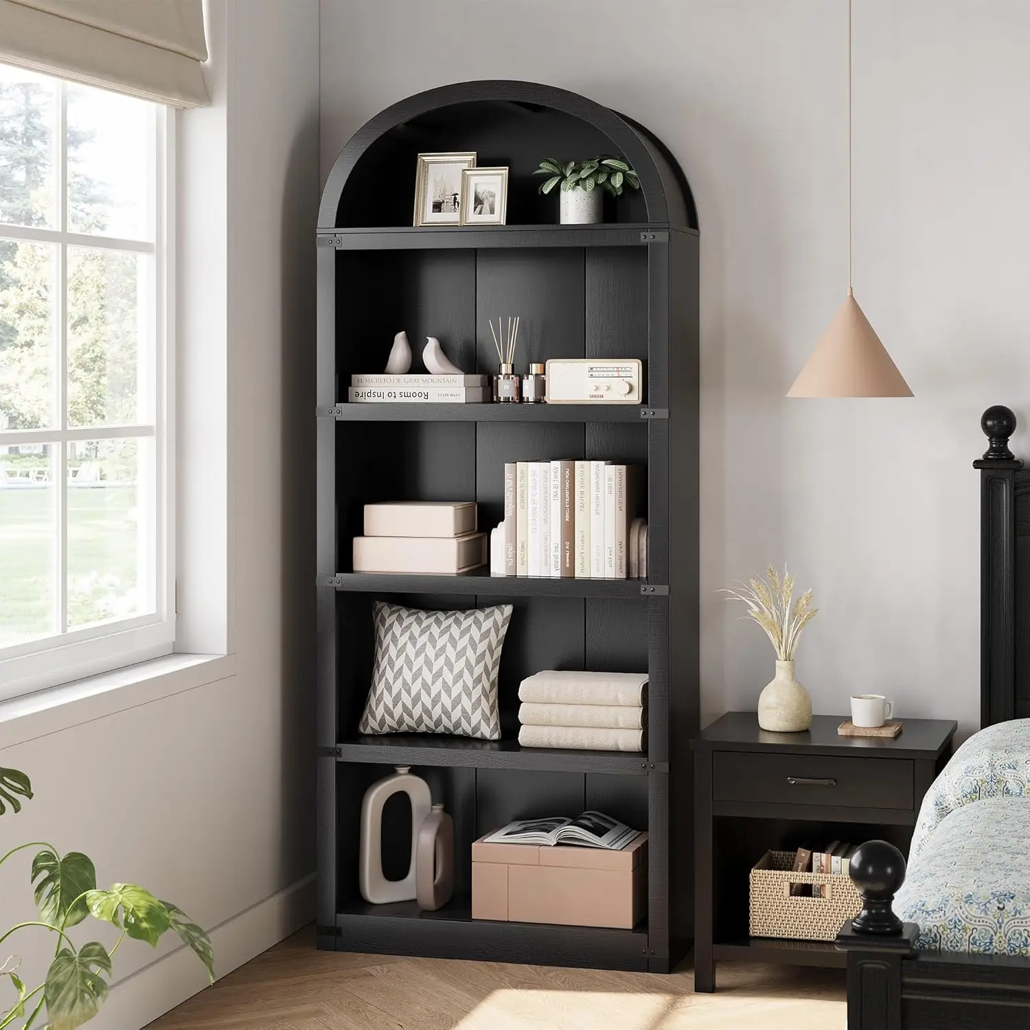 Gewölbtes Bücherregal mit 5 Regalen, 71,65 Zoll hohes Bücherregal, Bauernhaus-Display, Lagerregal, Bücherregale aus Holz für Zuhause, Büro, Wohnzimmer – Detail 11