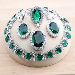 Green Zircon Silver 925 Bridal Jewelry Sets For Women Wedding Earrings Rings Pendant Necklace Stone Bracelets Set