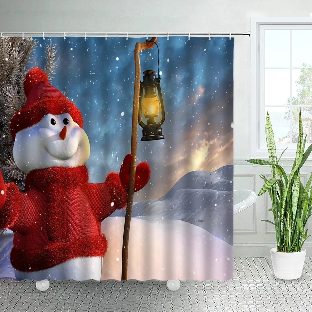 Cute Christmas Snowman Shower Curtains Lantern Xmas Tree Holiday Decor Winter Snow Natural Landscape Fabric Bathroom Curtain Set