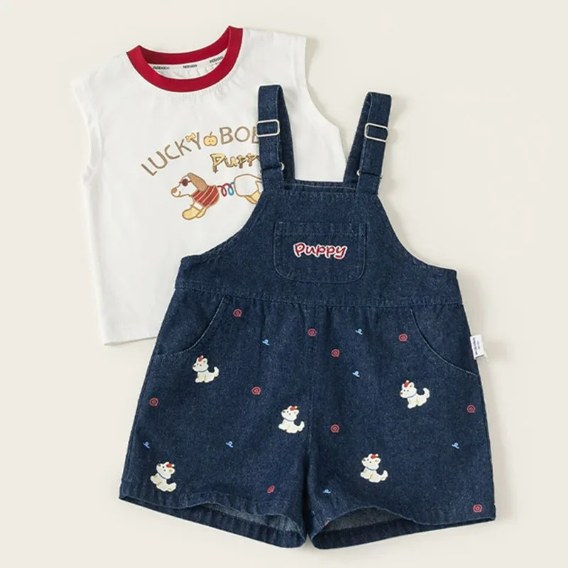 2026 New Summer Toddler Girl Clothes Korean Casual Cartoon Cute Denim Sleeveless Baby Tops+Overalls Kids' Sets And Outfits B439