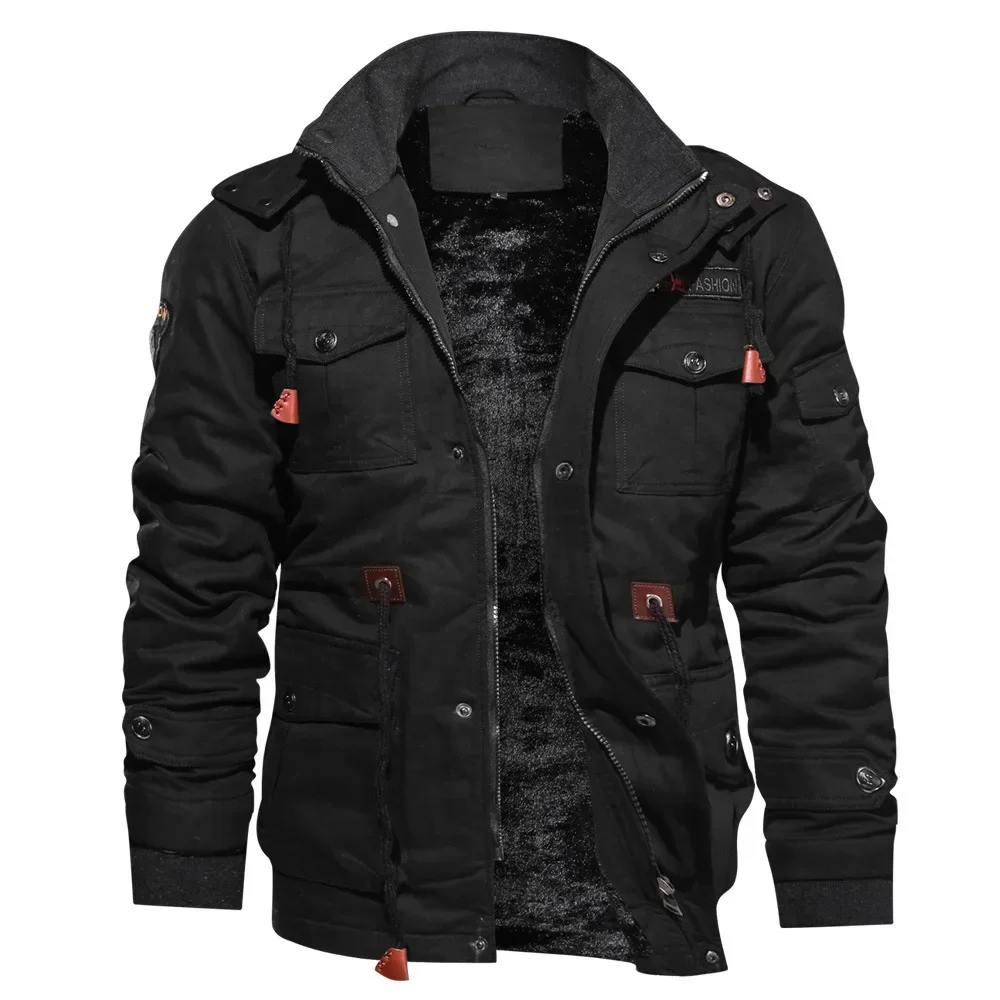 Cargo Jacket Autumn Winter Warm Fleece Hooded Men's Coat Top Casual Detachable Cotton Men's Multi Pocket