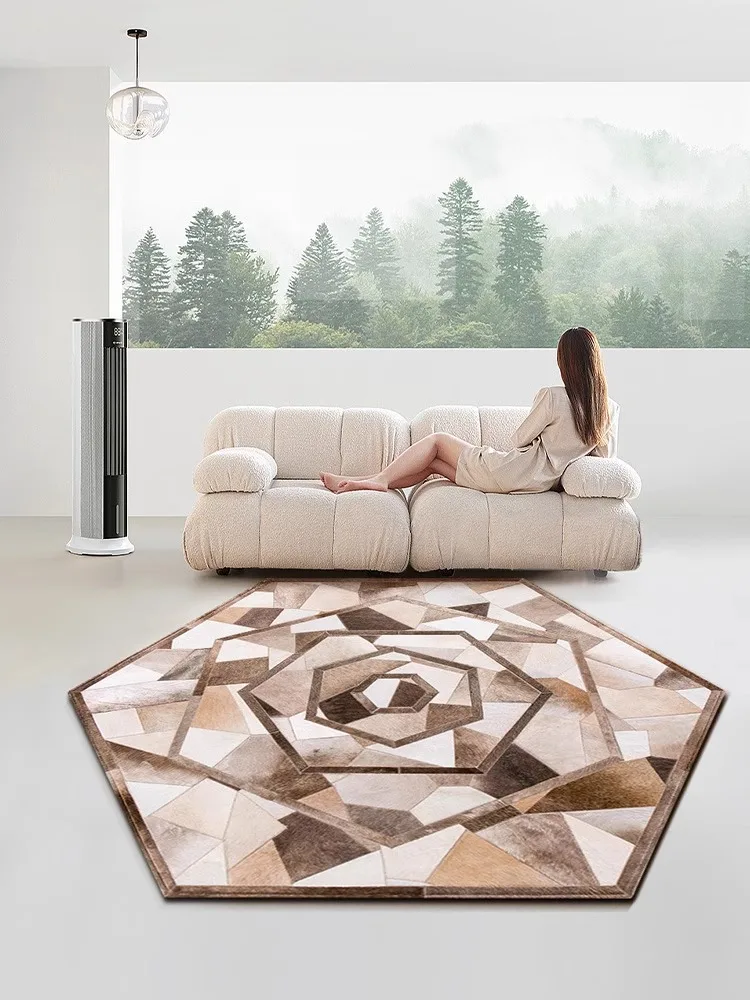 

Nordic Handmade Genuine Cowhide Carpet Living Room Polygon Irregular Real Cow Leather Floor Mat Luxury Bedroom Area Rug Bedside