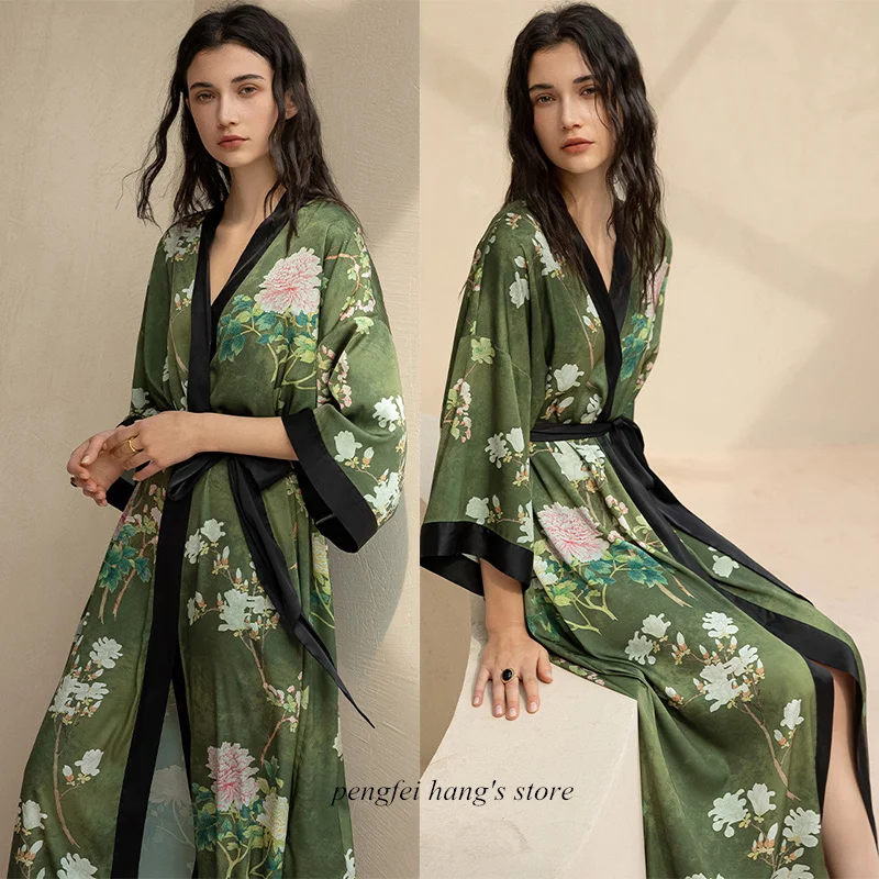 Women Robe Chinese Style Kimono Gown Luxury Print Flower Bathrobe Sleepwear Silk Rayon Nightwear Lady Loungewear Home Clothes