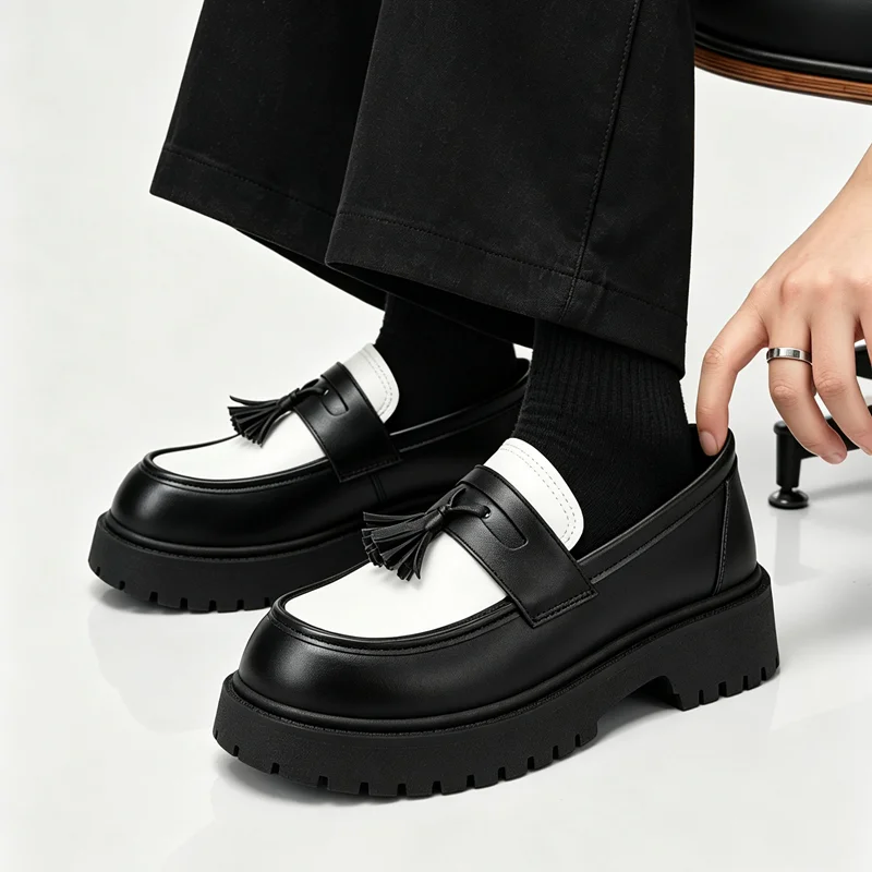 Autumn New Men Casual Tassel Loafers, Thick Sole Height Increasing British Style Leather Shoes, Business Formal Men Dress Shoes