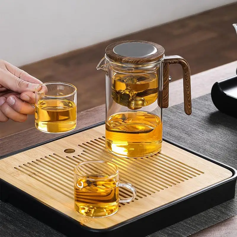 600/800ML Glass Teapot Water Separation Inner Container One Click Magnetic Switch Tea Filtration Tea Pot Wood Handle Cup Set