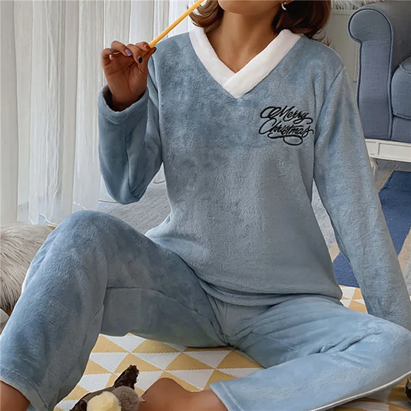 Autumn Winter Women Pajamas Setwarm Thicken Flannel 2pcs Pajamas Suit Tops+Pants Sweet Letter Print Leisure Homewear Sleepwear