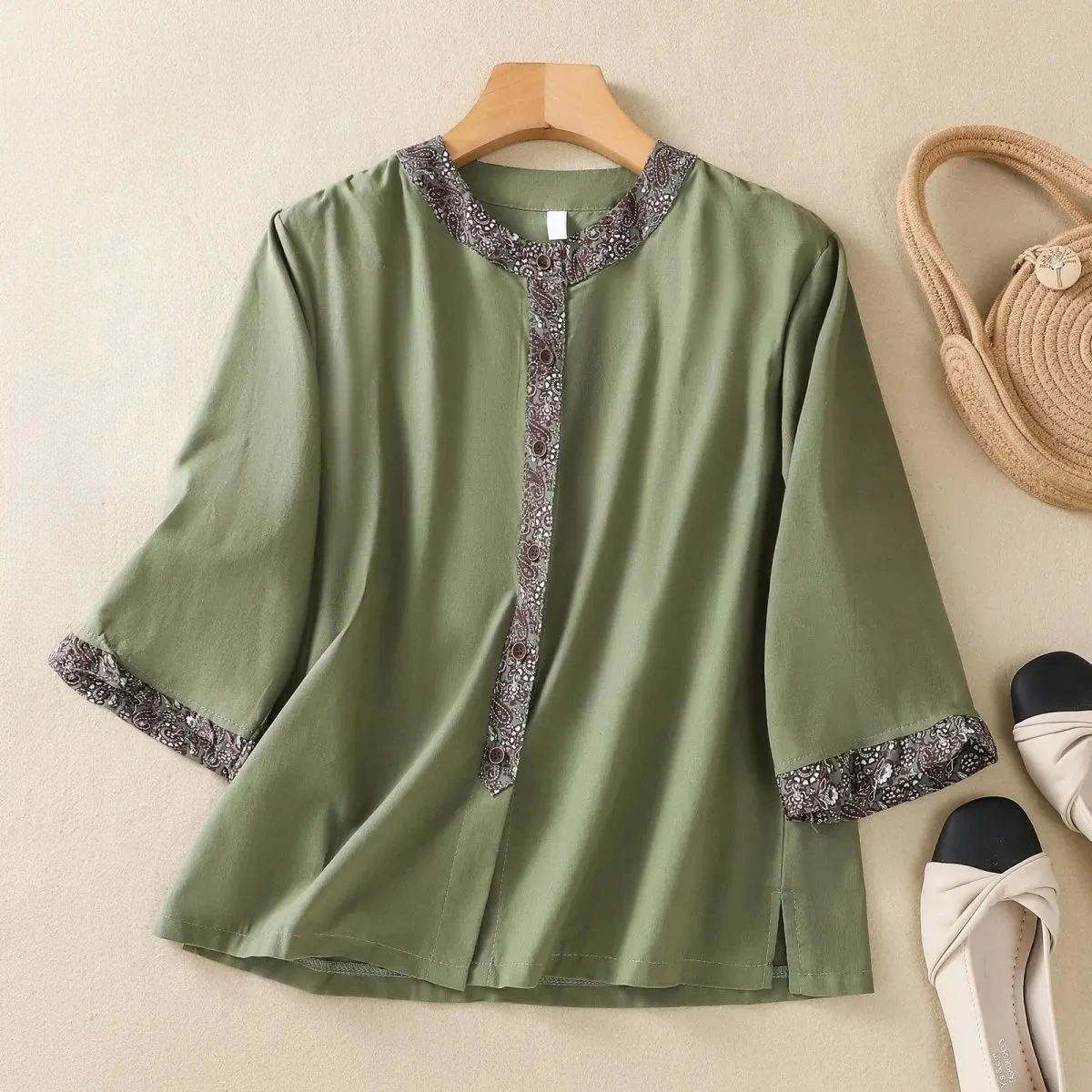 

Retro Style Summer Age-reducing Tops 7-quarter Sleeves Shirt Slim High-end Loose Large-size Shirt E9738
