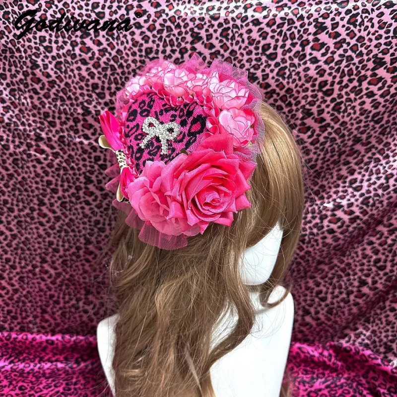 

Handmade Heart-shaped Leopard Print Hat Style Hairclips Girl Women's Cos Vintage Subculture Princess Lolita Headwear