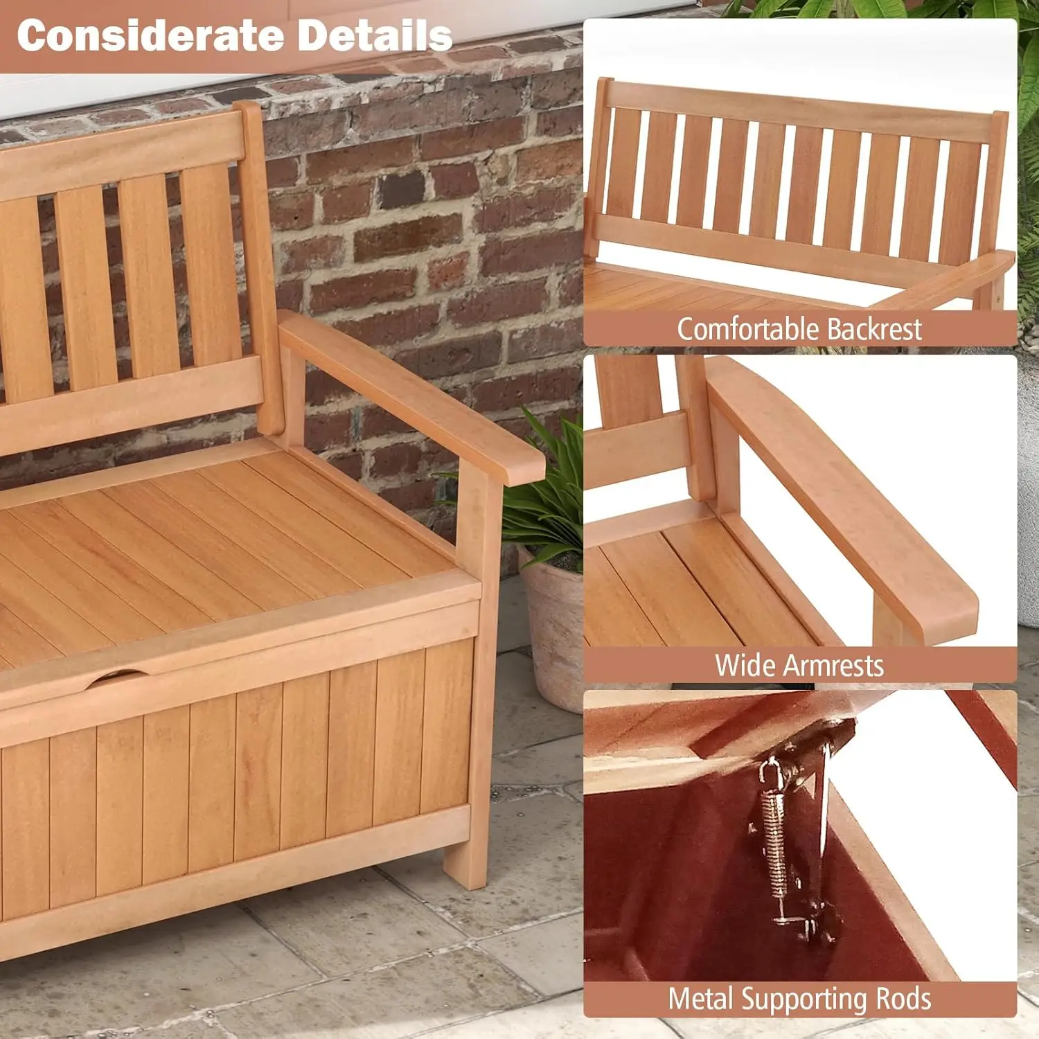 Banc de rangement en bois pour causeuse, grande boîte de pont d'entrée avec arrière-plans à lattes, siège de rangement en bois pour arrière-cour