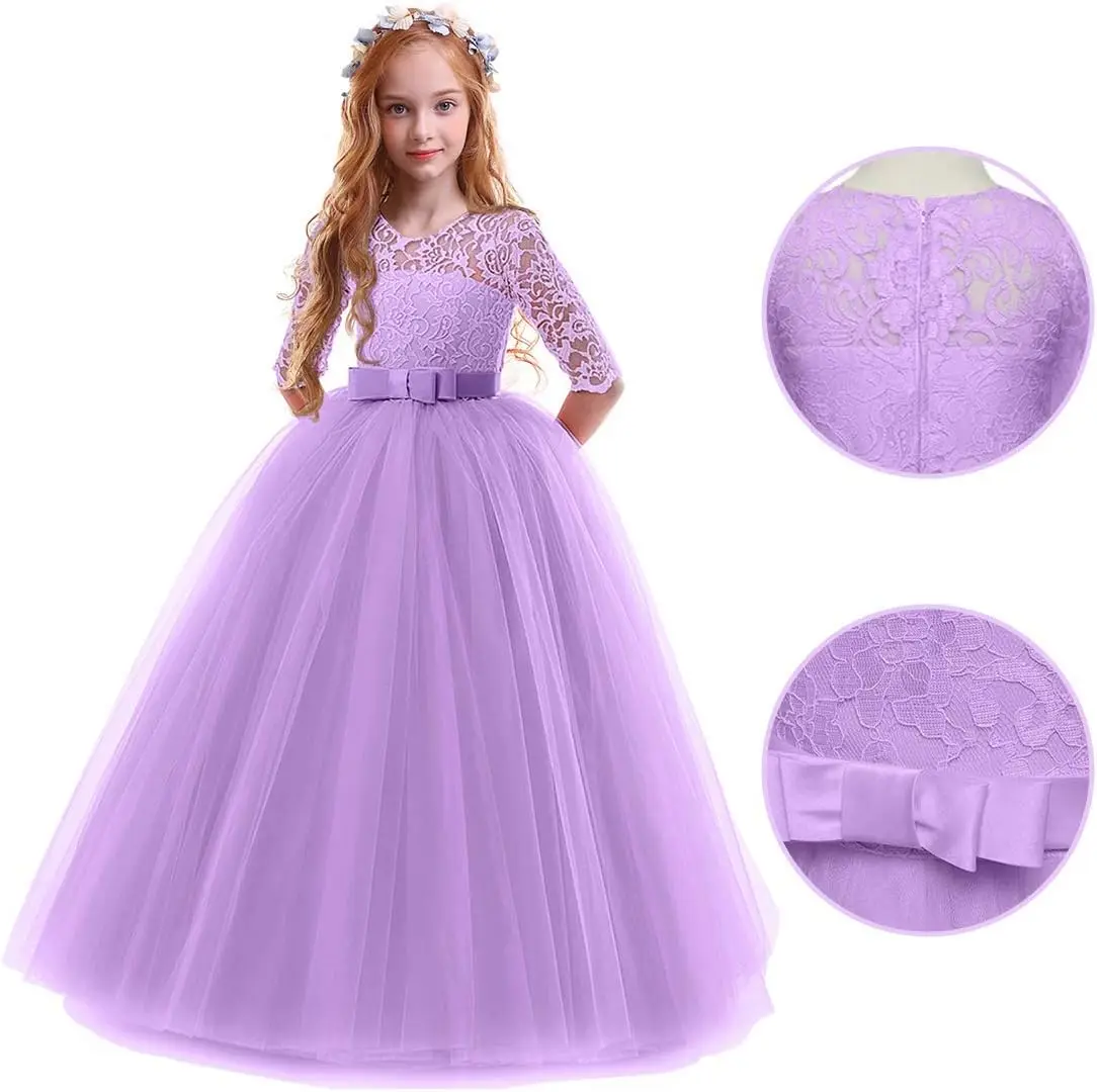 فستان فتاة الزهور فستان ريترو دانتيل 3/4 كم، فستان الأميرة لحفلات أعياد الميلاد والرقص، فستان سهرة للفتيات للمناسبات الرسمية