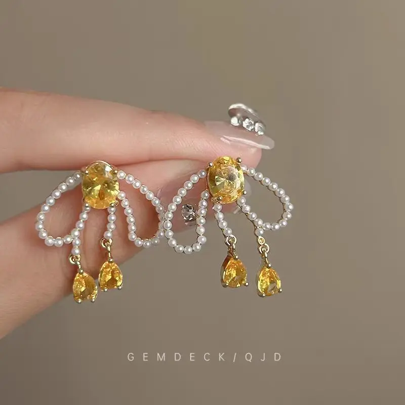 Lrysss Lemon Candy! Yellow Zircon Pearl Bow Earrings! French Retro High-End Niche Style Earrings for Women