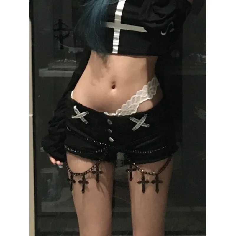 

American Y2k Washed Ribbon Cross-burr Denim Shorts Women's Summer New Hot Girls Sexy Low Waist Slim Slimming Hot Pants.