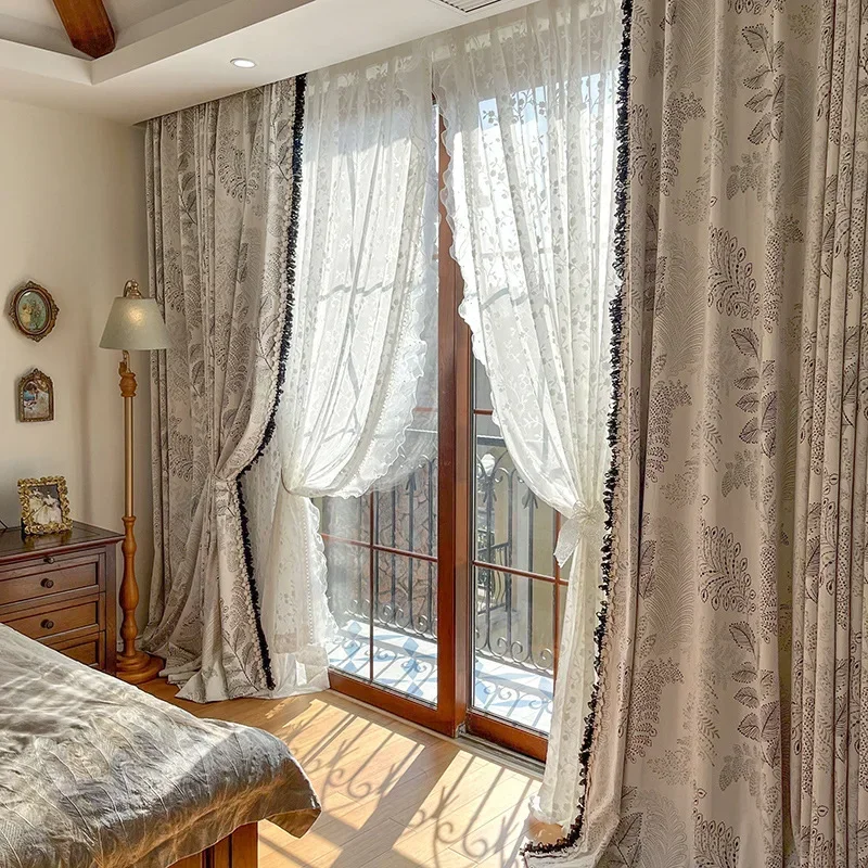 

French American Vintage Jacquard Black White Chenille Lace Luxury Curtains For Living Room Bedroom Dining Blackout White Tulle