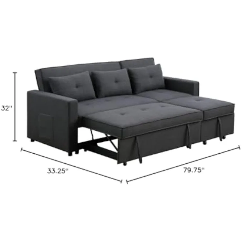 L-Shape Convertible Linen Sectional Sofa, Reversible Sleeper Lounger Chaise, Pull Out Couch Bed, with Side Pocket