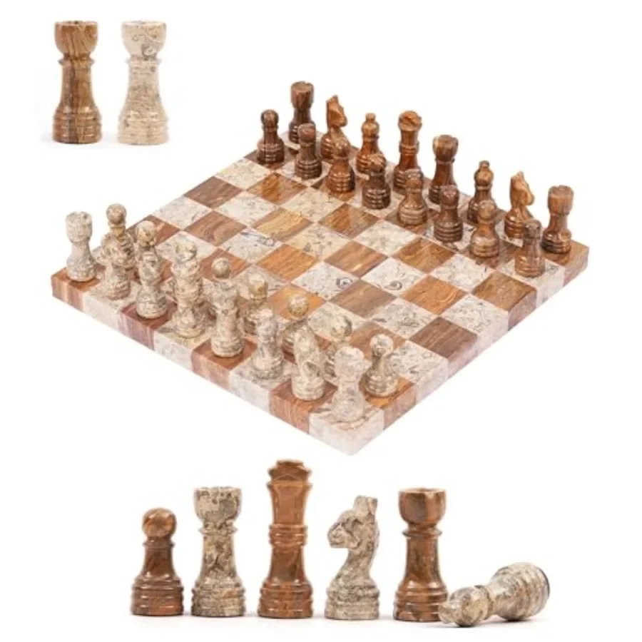 

Marble Chess Set for Adults: 10-inch Coral Red Board, 32 Pieces + 2 Extra Queens, Luxury Desktop Vintage Home Decor Game Set fo