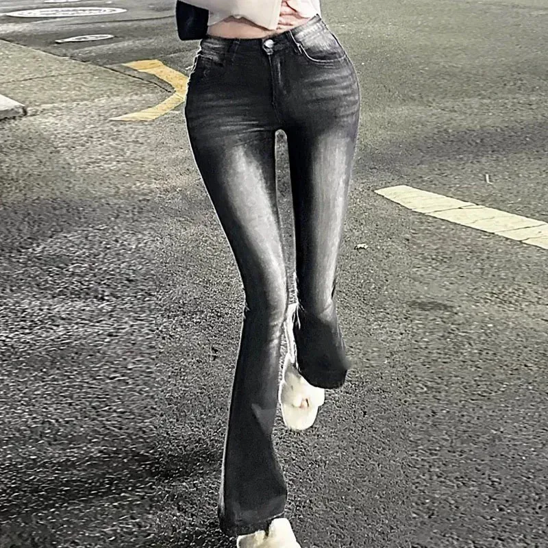 

High Waist Slim Fit Retro Washed Bell Bottom Jeans Women's Black Grey Elastic Vintage Style Long Cotton Stretch Denim Pants