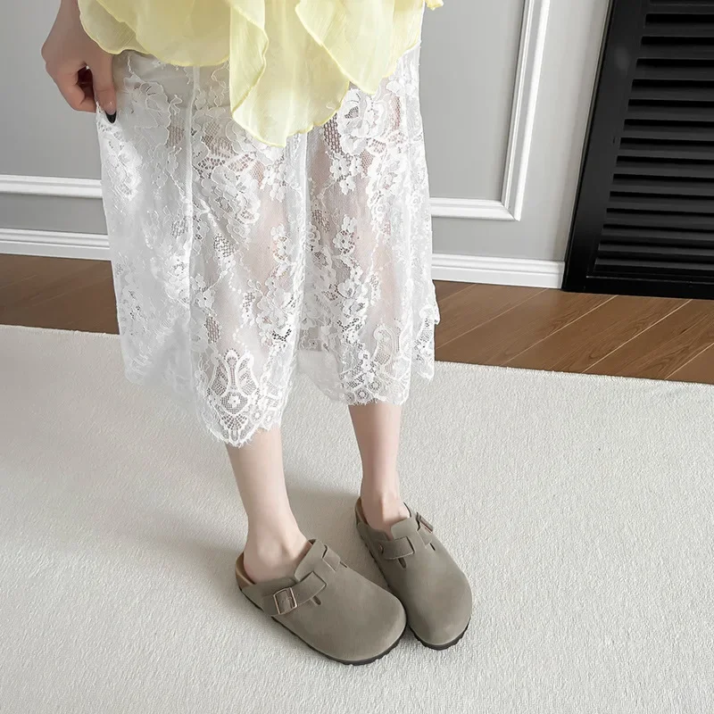 Sandalias de tacón grueso, zapatillas con parte inferior de madera suave, medias zapatillas que cubren la cabeza, zuecos de moda de verano para mujer, fabricación china