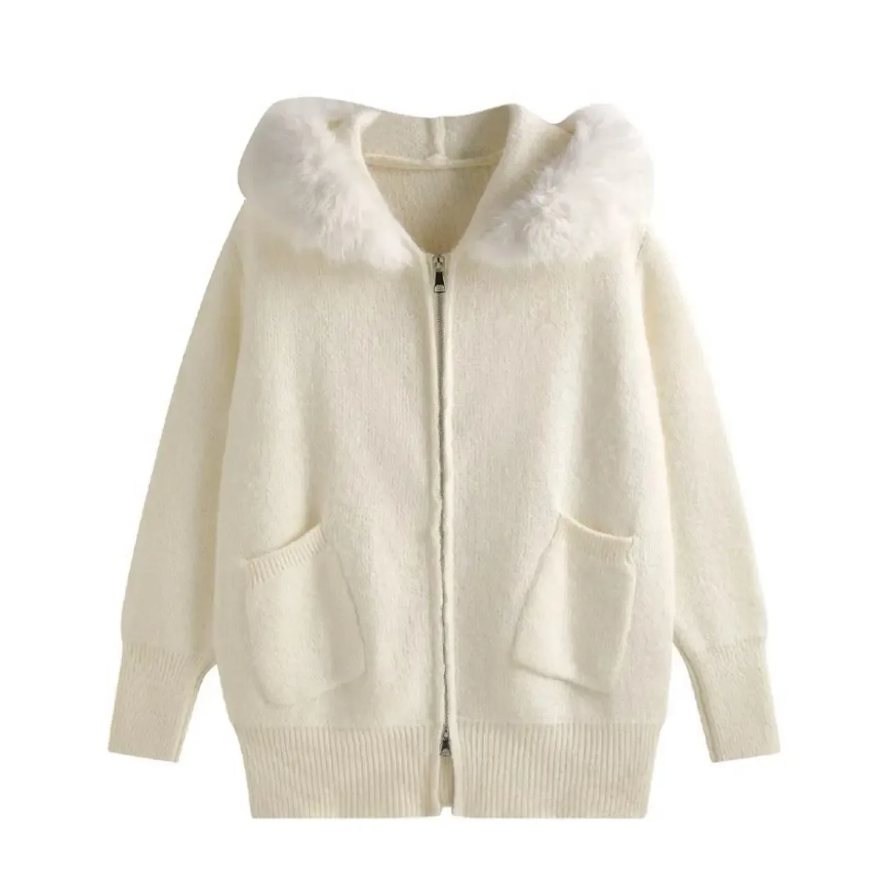 

Уличный стиль, корейский стиль, нежный ленивый вязаный свитер цвета хаки, свободный темпераментный свитер на молнии, осенне-зимнее новое стильное пальто