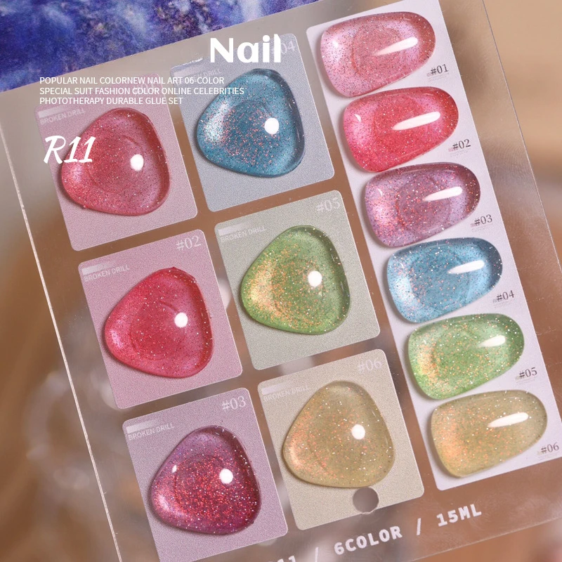 Nuevo Juego de 6 colores de Gel de discoteca reflectante, 15ml, Soak Off UV LED, Gel de uñas superbrillante, barnices de Gel con brillo semipermanente